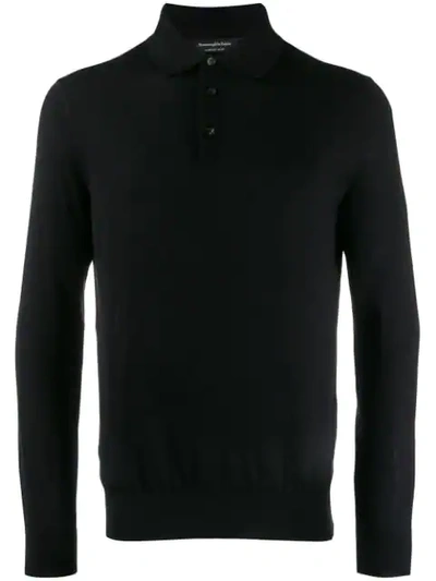 Ermenegildo Zegna Men's Lightweight Wool Long-sleeve Polo Shirt, Black