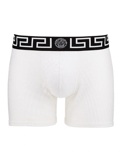 Versace Men's Long Mesh Boxer Briefs In White Pattern