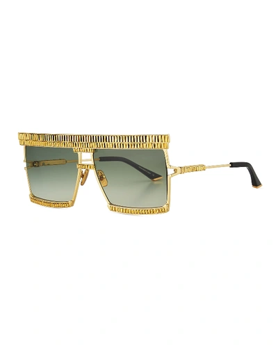 Anna-karin Karlsson The Emperor Square Titanium Sunglasses W/ Baguette Crystal Trim In Gold
