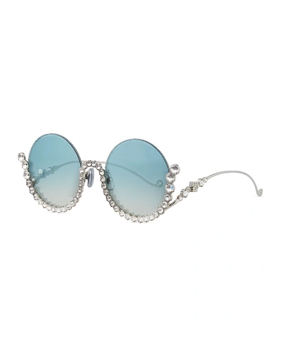 Anna-karin Karlsson Full Moon Semi-rimless Round Sunglasses W/ Crystal Trim In Blue/gold