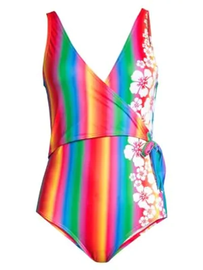All Things Mochi Mila Striped Crossover One-piece Swimsuit In Rainbow