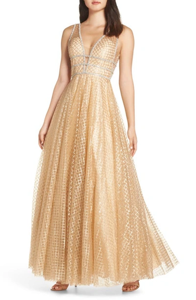 Mac Duggal Diamond-pattern V-neck Sleeveless A-line Gown W/ Rhinestone Trim In Gold