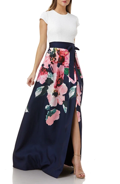 Carmen Marc Valvo Infusion Sequin-bodice Cap-sleeve Gown W/ Floral-print Skirt In White/ Navy