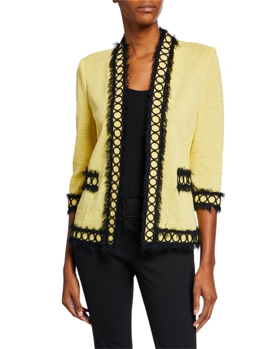 Misook Fringe & Ring Knit Open-front Jacket In Lemon/black