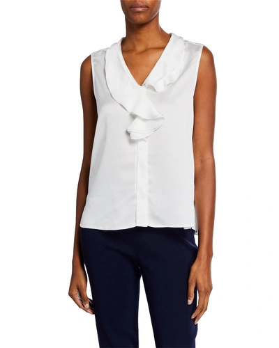 Misook V-neck Ruffle Waterfall Sleeveless Crepe De Chine Blouse In White