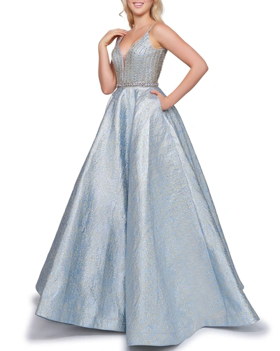 Mac Duggal V-neck Sleeveless Metallic Novelty Ball Gown In Ice Blue