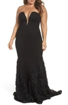 Mac Duggal Plus Size Strapless Bustier Jersey Gown With Rosette Soutache Train In Black