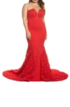 Mac Duggal Plus Size Strapless Bustier Jersey Gown With Rosette Soutache Train In Red