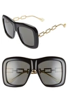 Gucci Square Acetate Sunglasses W/ Metal Chain Arms In Shiny Black