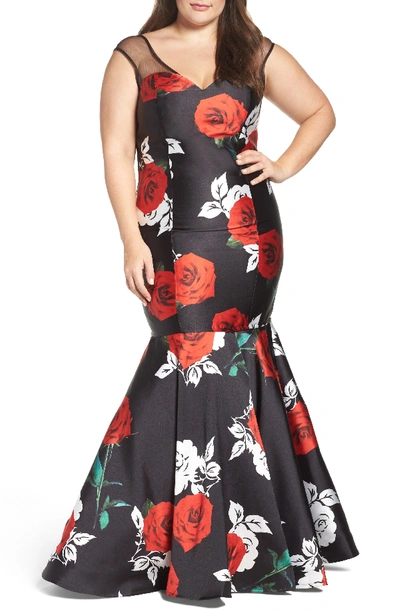 Mac Duggal Plus Size Multi Floral-print Sleeveless Trumpet Gown W/ Zip-off Skirt In The Rose