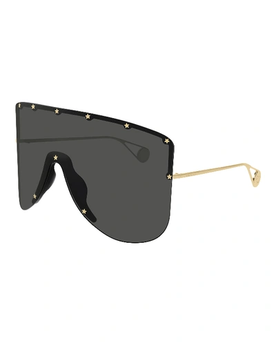 Gucci Rimless Shield Sunglasses W/ Star Studs In Gold/gray