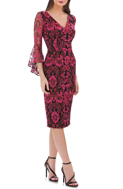 Carmen Marc Valvo Infusion V-neck Tulip-sleeve Embroidered Lace Cocktail Dress, Red Multi