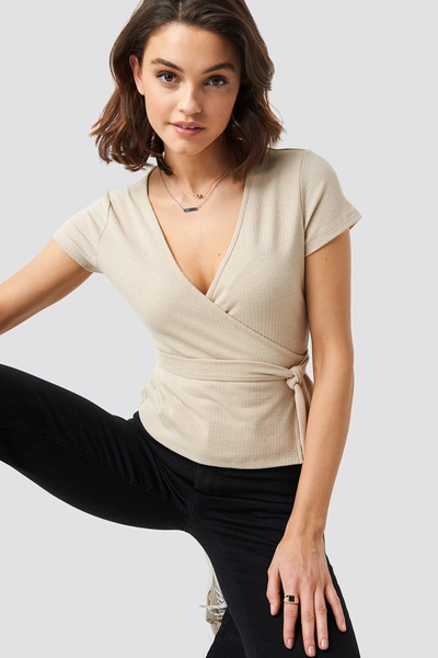 Na-kd Ribbed Side Knot Top - Beige