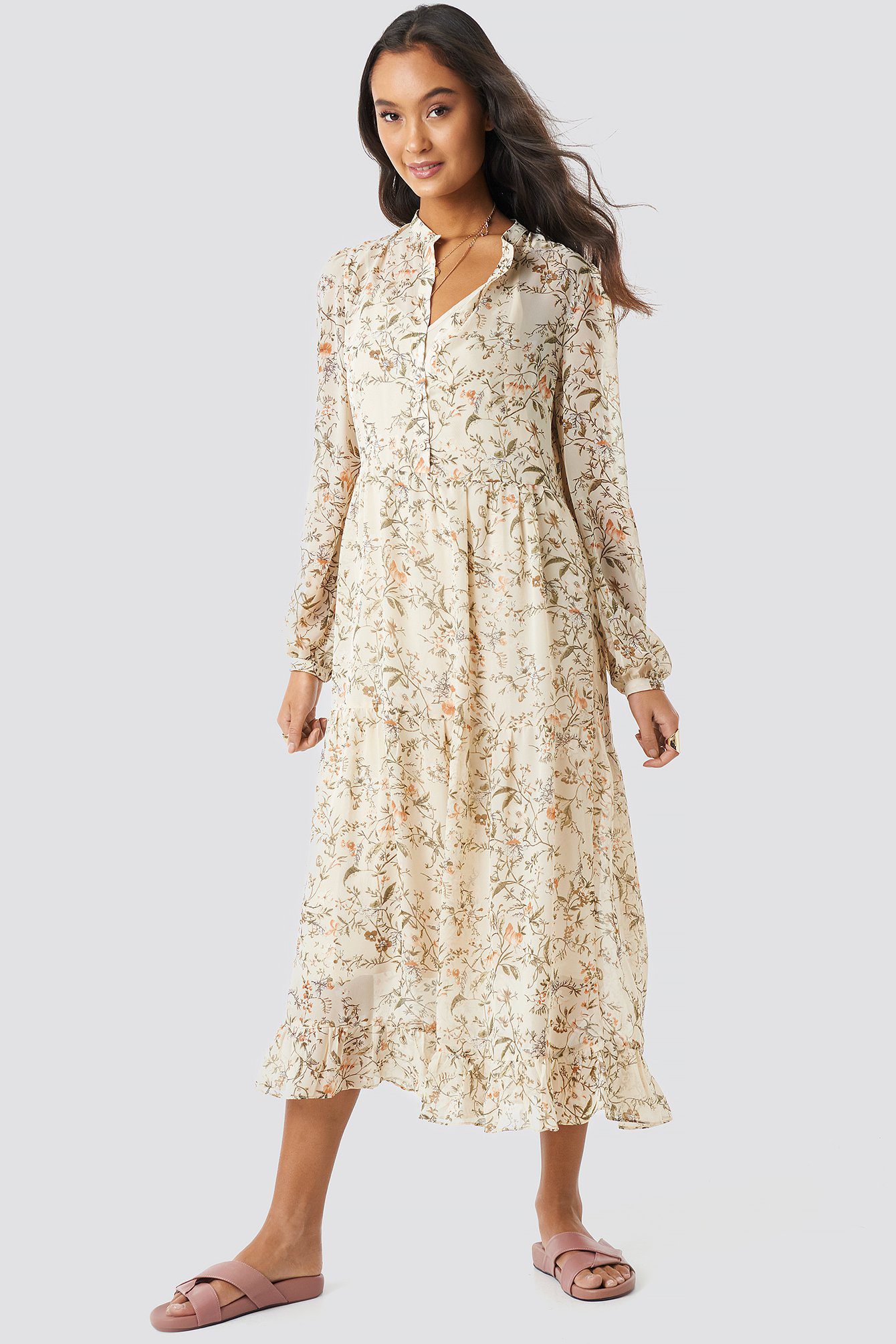 Na-kd Flower Print Tiered Midi Dress - Beige In Cream | ModeSens