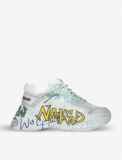 Naked Wolfe Titan Graffiti-print Leather And Mesh Trainers In White