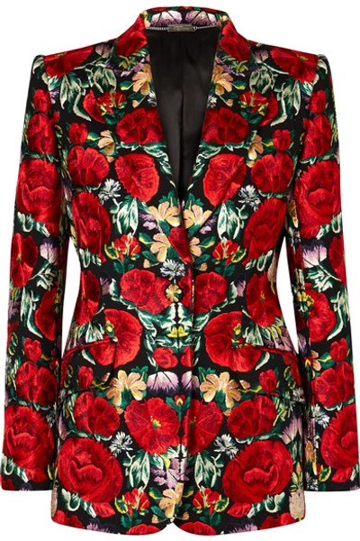 Alexander Mcqueen Floral-embroidered Wool-blend Blazer In Black