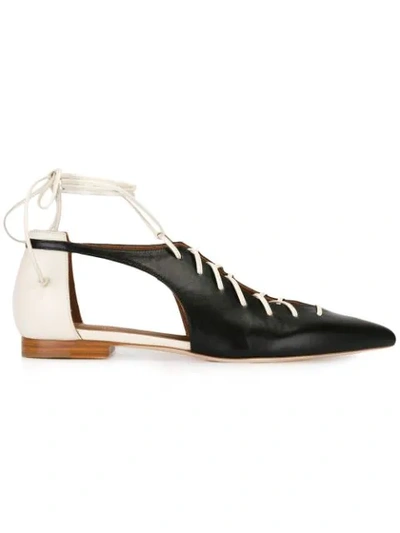 Malone Souliers Montana Lace-up Two-tone Leather Point-toe Flats In Blk/white