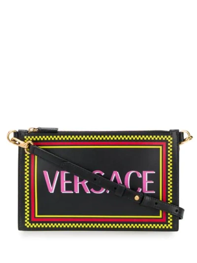 Versace 90s Logo Leather Wristlet Clutch Bag In Black