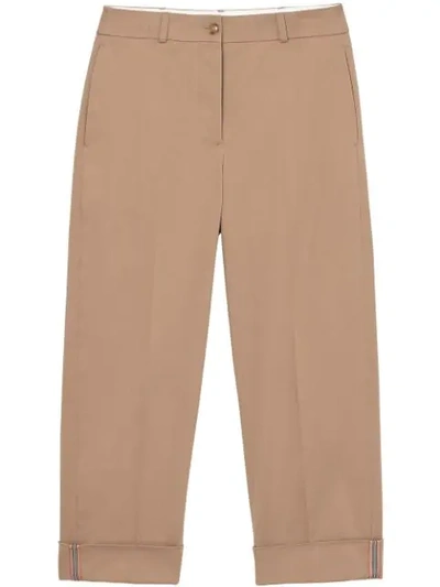 Burberry Icon Stripe Detail Stretch Cotton Cropped Trousers In Brown