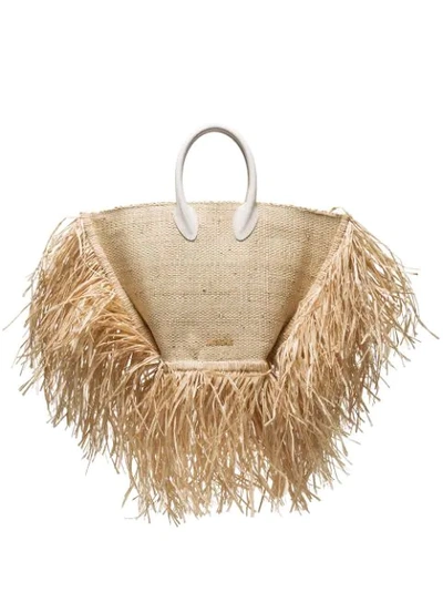 Jacquemus Le Baci Leather-trimmed Fringed Raffia Tote In Beige