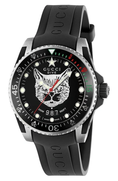 Gucci Diver Cat Rubber Strap Watch, 40mm In Black/ Silver