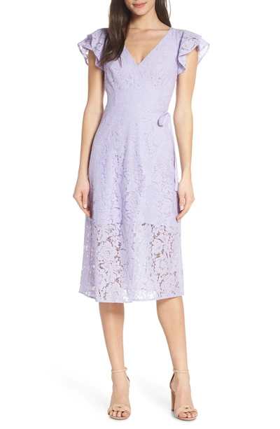 Ali & Jay Ruffle Sleeve Wrap Lace Midi Dress In Lavender