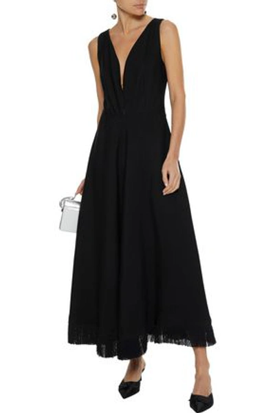 Nina Ricci Tie-back Fringe-trimmed Crepe Maxi Dress In Black