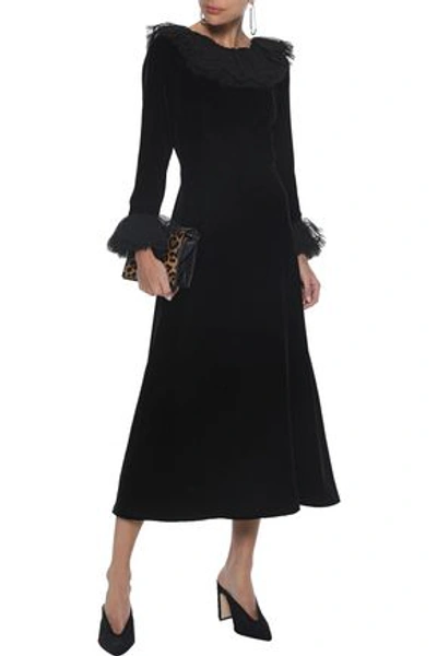 Saint Laurent Woman Ruffled Tulle-trimmed Velvet Midi Dress Black