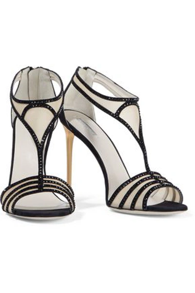 Giorgio Armani Woman Crystal-embellished Satin-trimmed Mesh Sandals Black