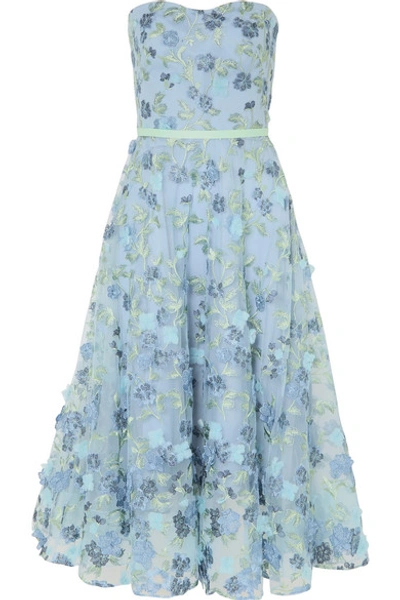 Marchesa Notte Strapless Satin-trimmed Appliquéd And Embroidered Tulle Gown In Light Blue