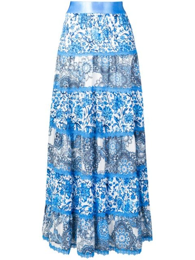 Alice And Olivia Satin And Lace-trimmed Floral-print Crepe De Chine Maxi Skirt In Blue
