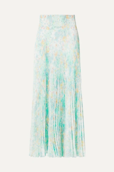 Prada Floral-print Pleated Crepe De Chine Skirt In Light Green