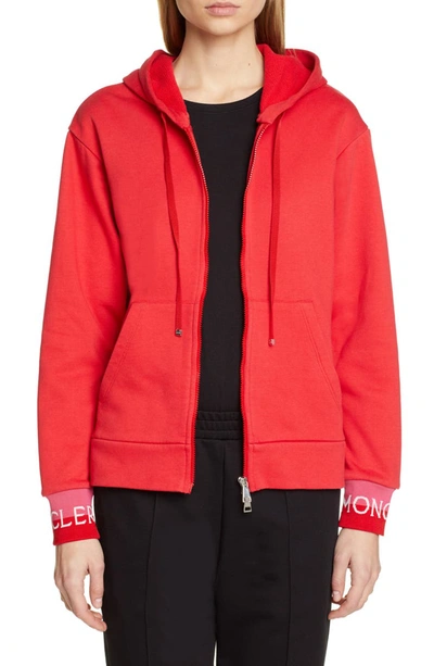 Moncler Intarsia-trimmed Cotton-blend Jersey Hoodie In Medium Red