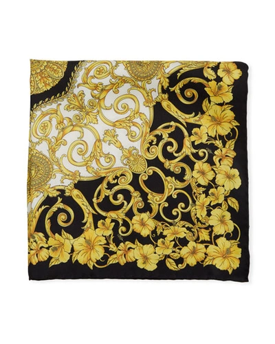 Versace Men's Baroque Floral Silk Twill Scarf In Black/gold