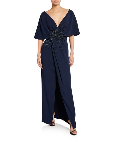 J Mendel Embroidered-front Half-cape Gown In Navy