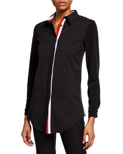 Anatomie Francine Button-down Jersey Shirt W/ Stripe Trim In Black