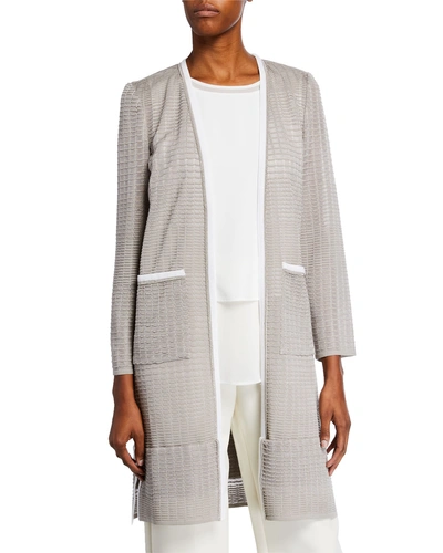 Misook Open-front Beaded Trim Long-sleeve Duster Jacket In Gray