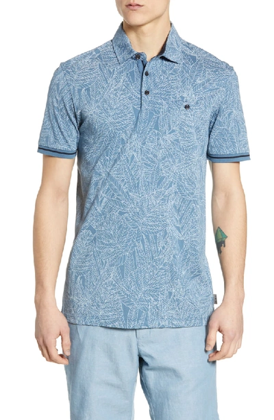 Ted Baker Vaness Leaf Print Slim Fit Polo Shirt In Mid-blue