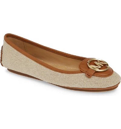 Michael Michael Kors Lillie Logo Ballet Flat In Beige Fabric/ Brown Leather