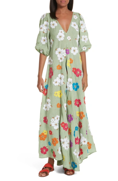 All Things Mochi Tila Embroidered Linen Maxi Dress In Green