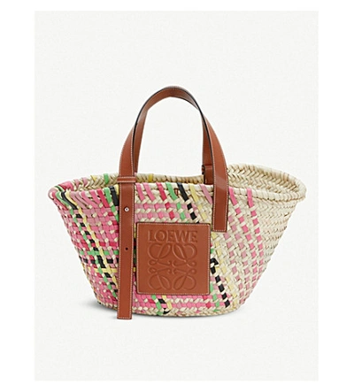 Loewe Logo Large Raffia And Leather Basket Bag In Pink Multitone/tan