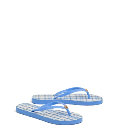 Tory Burch Printed Thin Flip-flop In Pale Marina / Blue Check In Plaid