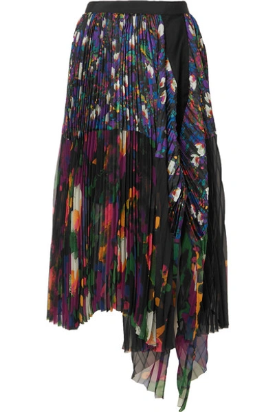 Sacai Draped Pleated Floral-print Satin And Chiffon Midi Skirt In Black