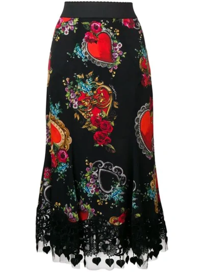 Dolce & Gabbana Printed Heart Skirt In Black