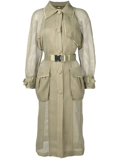 Fendi Perforated Belted Trench Coat In Green