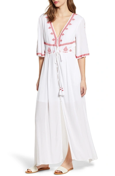 Band Of Gypsies Hilo Emboidered Maxi Dress In Ivory/ Red