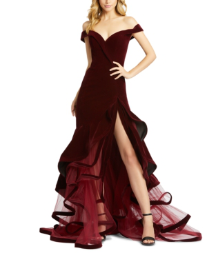 off the shoulder tiered ball gown mac duggal