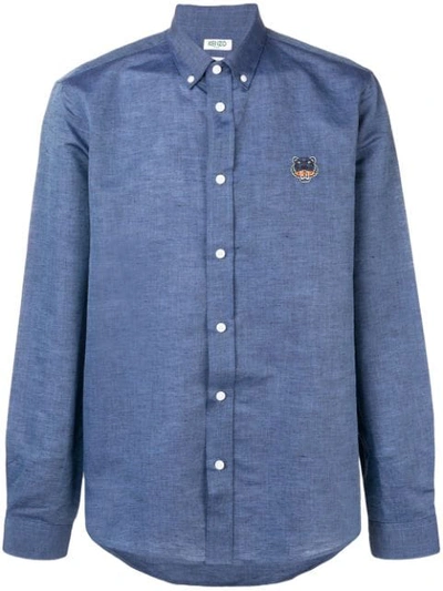 Kenzo Button Down Logo Embroidered Shirt In Blue