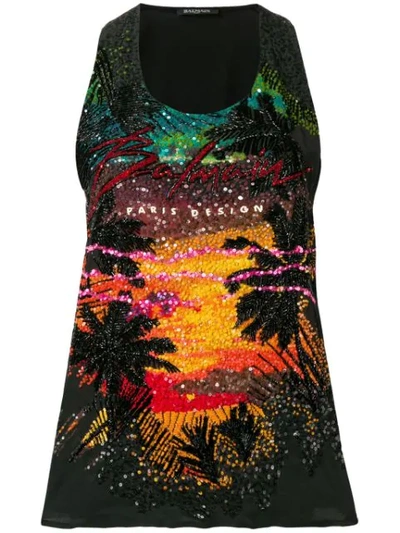 Balmain Embroidered Signature Palm Sunset Tank In Black