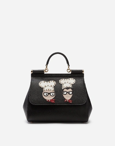 Dolce & Gabbana Medium Sicily Handbag In Dauphine Calfskin With Designers' Patches In Black
